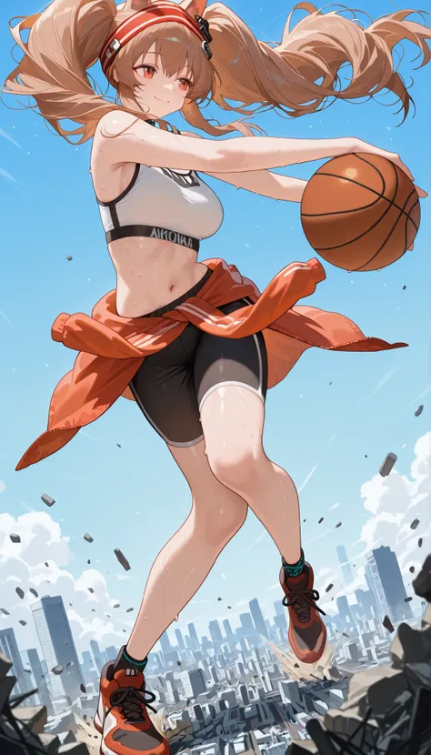 1girl, solo, (giantess:1.4), microcity, angelina_arknights, Ang_Spt, sports bra, white sports bra, orange clothes around waist, bike shorts, black shorts, headband, very long hair, fullbody, dynamic pose, Scattering Cities, Urban rubble being kicked up in ...