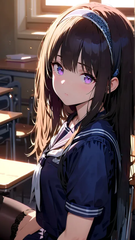 masterpiece, Highest Quality, Super Detailed, high resolution, 8k, very detailed, Intricate Details, sharp focus, perfect anatomy, detailed clothing, dynamic lighting, HDR, cinematic lighting, purple eyes, 1girl, (((dark haired, Long Hair))), (hair band at...