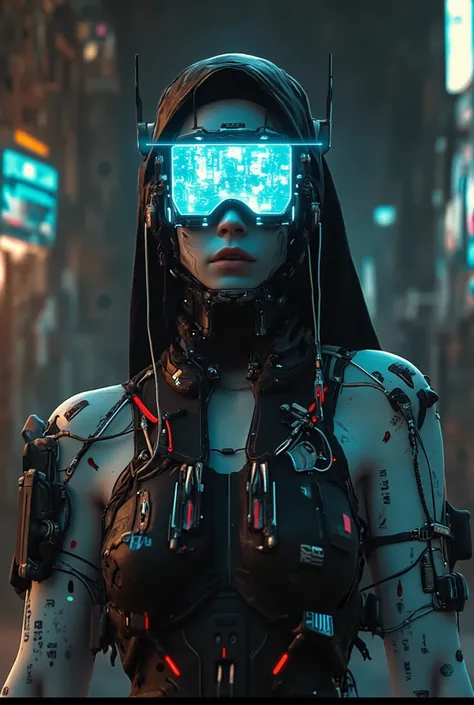 Create the image of a woman named Cybernetic nun with the following characteristics: hair: Covered in a holographic veil of digital saints. eyes: с завязанными eyesми , with sound sensors on her temples. skin: Extreme pallor with Bible code tattoos. RAM: P...