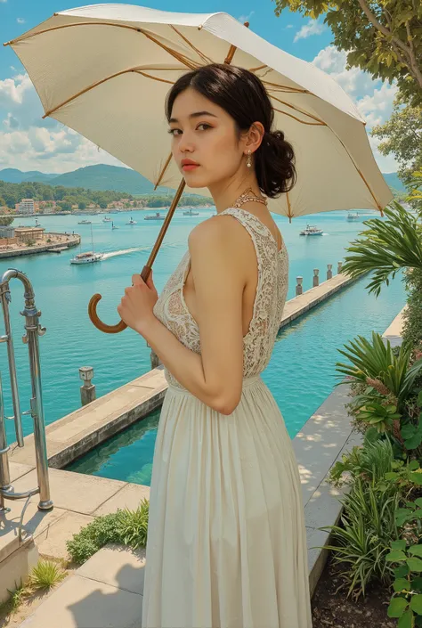 (best quality, 4k, highres, masterpiece:1.2) , ultra-detailed, (realistic, photorealistic:1.37), A photorealistic portrait of an elegant young woman standing, She is having a Sun Umbrella for Women, Claude Monet Scenery Excellent Quality、4K resolution、supe...