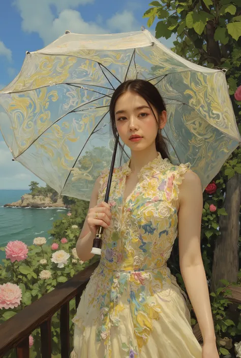 (best quality, 4k, highres, masterpiece:1.2) , ultra-detailed, (realistic, photorealistic:1.37), A photorealistic portrait of an elegant young woman standing, She is having a Sun Umbrella for Women, Claude Monet Scenery Excellent Quality、4K resolution、supe...