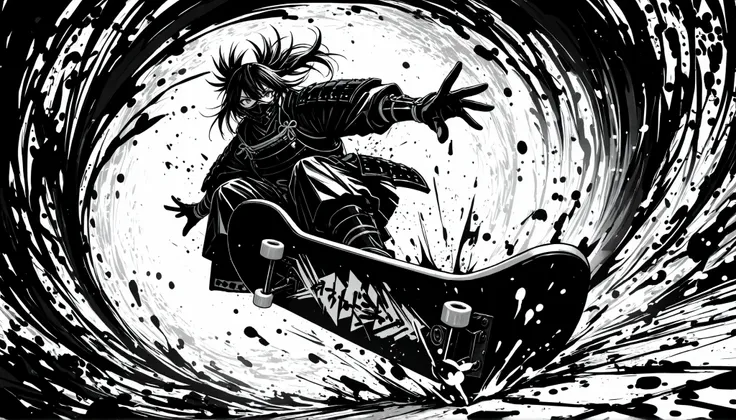 Sumi-e style monochrome illustration of a lone samurai wearing stylish, ornate Japanese armor, captured in an extreme close-up dynamic shot while performing a spectacular skateboard trick in mid-air, bold ink brush strokes, high contrast black and white to...