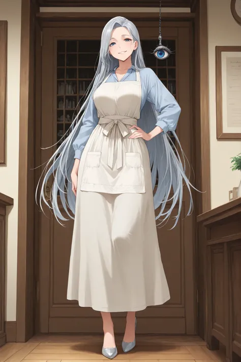 masterpiece high image quality Middle age beautiful woman 30 year old woman Tall Silver Hair Blue Eyes (very long hair) hanging eye selfless smile standing in the teacher's house Full Body apron dress (hand on hip)