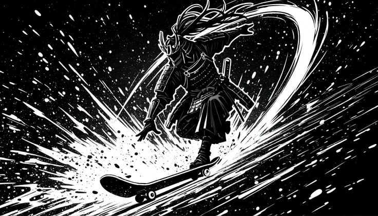 Sumi-e style monochrome illustration of a lone samurai wearing stylish, ornate Japanese armor, captured in an extreme close-up dynamic shot while performing a spectacular skateboard trick in mid-air, bold ink brush strokes, high contrast black and white to...