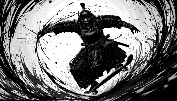 Sumi-e style monochrome illustration of a lone samurai wearing stylish, ornate Japanese armor, captured in an extreme close-up dynamic shot while performing a spectacular skateboard trick in mid-air, bold ink brush strokes, high contrast black and white to...