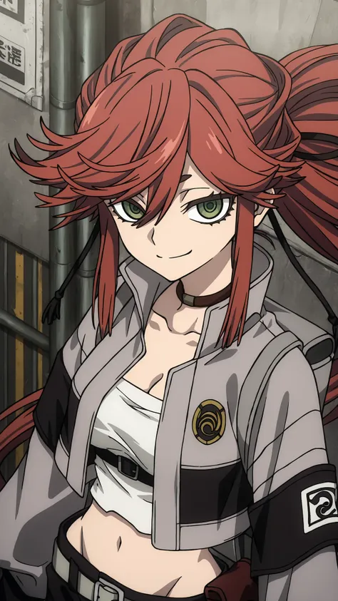 Reaper Riyou,
High quality , best quality , masterpiece, High Resolution , detailed face( LoRA: Riyou),anatomically correct, detailed hairstyle( LoRA: Riyou),anime Coloring,
solo, 1 girl
ponytail, spiked hair, long hair, red hair, green eyes
brown choker...