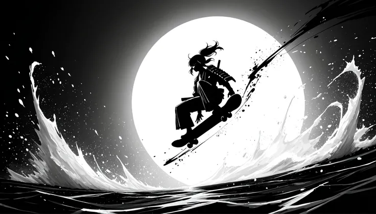 Sumi-e style monochrome illustration of a lone samurai wearing stylish, ornate Japanese armor, captured in an extreme close-up dynamic shot while performing a spectacular skateboard trick in mid-air, bold ink brush strokes, high contrast black and white to...