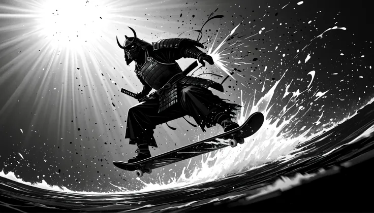 Sumi-e style monochrome illustration of a lone samurai wearing stylish, ornate Japanese armor, captured in an extreme close-up dynamic shot while performing a spectacular skateboard trick in mid-air, bold ink brush strokes, high contrast black and white to...