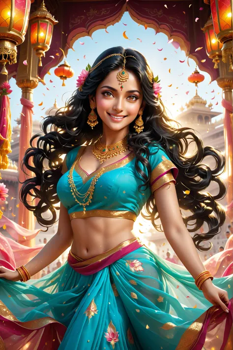((Top Quality)), ((Excellent)), (Details), masterpiece, best quality, UHD, A stunning Bollywood leading actress in a glamorous cinematic scene. She has expressive dark eyes, long flowing black hair adorned with golden jewelry, and wears an elaborate tradit...
