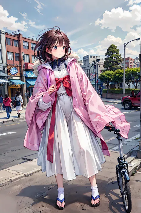 (Highest Quality:2.0), ([Profile:1.5), (red face:1.3), (realistic:1.5), 1 , rooftop、Tokyo Skytree、TOKYO DISNEYLAND,TOKYO DISNEYLANDの活気に満ちた魔法のような雰囲気の中を歩く, everyday wear、cute clothes、You can see Cinderella Castle in the background, warm sunshine、Disneyland'...