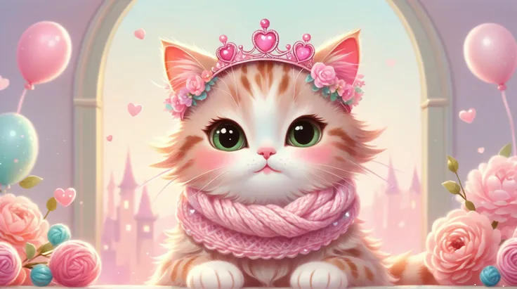 A cute, pastel pink princess cat wearing a knitted pink scarf with pink pompoms, a tiara, and floral decorations, sitting on a light, soft background, rendered in a highly detailed, stylized, and almost 3D-like  whimsical painting style with a focus on sof...
