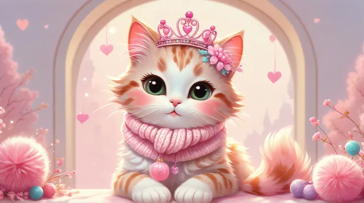A cute, pastel pink princess cat wearing a knitted pink scarf with pink pompoms, a tiara, and floral decorations, sitting on a light, soft background, rendered in a highly detailed, stylized, and almost 3D-like  whimsical painting style with a focus on sof...