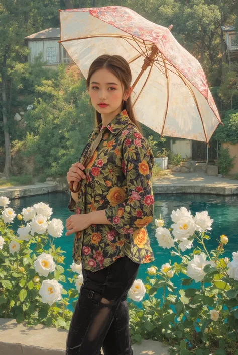 (best quality, 4k, highres, masterpiece:1.2) , ultra-detailed, (realistic, photorealistic:1.37), A photorealistic portrait of an elegant young woman standing, She is having a Sun Umbrella for Women, Claude Monet Scenery Excellent Quality、4K resolution、supe...