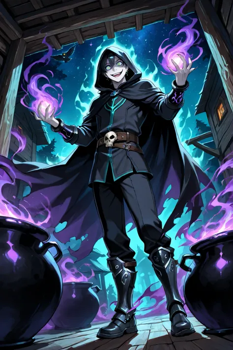  (masterpiece, vibrant colors), solo, guy,man in their early thirties, black hair, short hair pale skin, long fingernails,  earrings, kaa eyes, black hooded cape, hood up, iron boots, skull shaped bracers, leather belt,  (crazy smile, confident, playful, m...