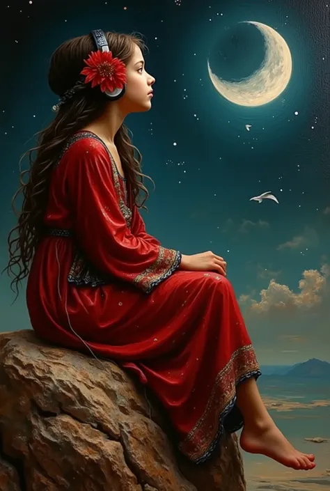 Orientalist style oil painting depicting a beautiful young Arab girl with a red flower in her hair,  She is wearing headphones , et  assise au bord d'un toit, legs dangling, contemplating the Crescent Moon in the dark sky. Ce style s'inscrit dans la Renais...