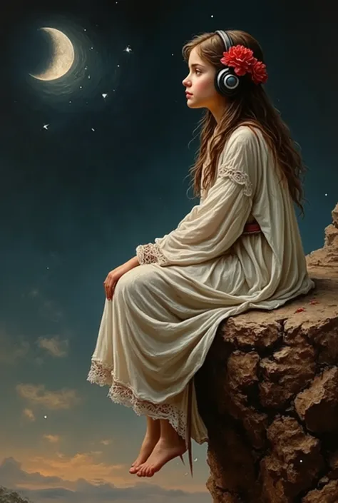 Orientalist style oil painting depicting a beautiful young Arab girl with a red flower in her hair,  She is wearing headphones , et  assise au bord d'un toit, legs dangling, contemplating the Crescent Moon in the dark sky. Ce style s'inscrit dans la Renais...