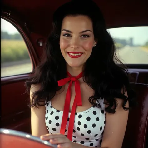 A professional photo of Liv Tyler, professional lighting. She has a white PIN-UP style dress with black polka dots on. She has a red tie on her neck. She has beautiful makeup from the Pin-Up era. She is sitting in a vintage car. (Liv Tyler), long wavy dark...