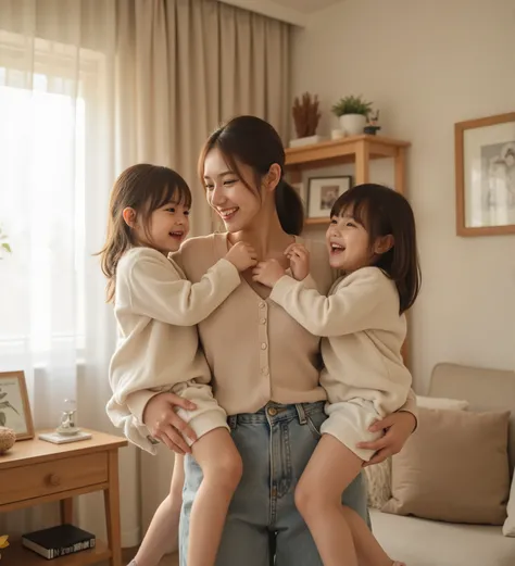 ultra-realistic, heartwarming scene of a strong, confident mother standing in her cozy living room, carrying her two young daughters in each arm effortlessly, mother wearing a casual yet stylish home outfit, natural makeup, hair neatly tied back, soft sunl...