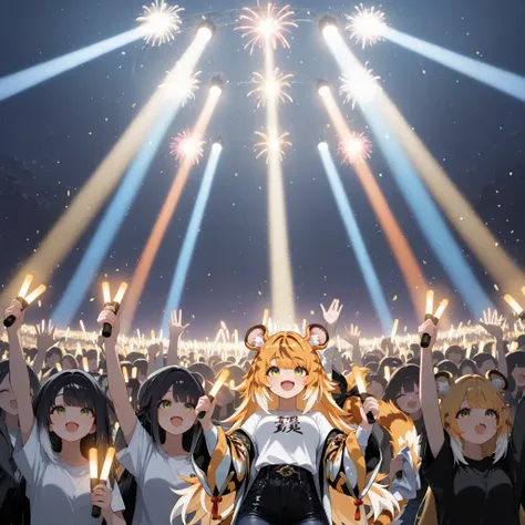 masterpiece, best quality, ultra detailed, vibrant, anime style, front view from the audience, focus on a (tiger girl:1.4), beautiful faces, joyful expressions, big smiles, lively concert atmosphere, vibrant stage lighting, colorful lights, illuminated sta...