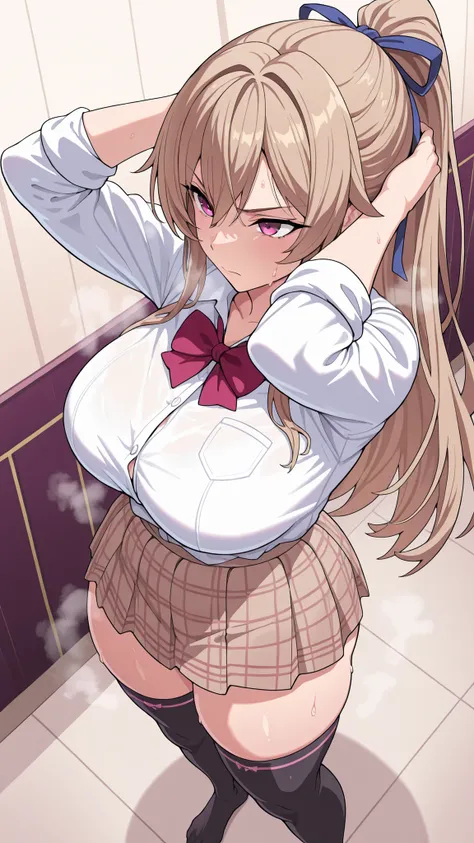 1 person pink hotel,Julen E. Lustario,ponytail,high school girl uniform,serious face,beige pattern skirt,black thigh high socks,long sleeve white shirt with rolled up arms,Standing,slightly thick thighs,from above,feet,hands are behind the head,sweat,Steam...