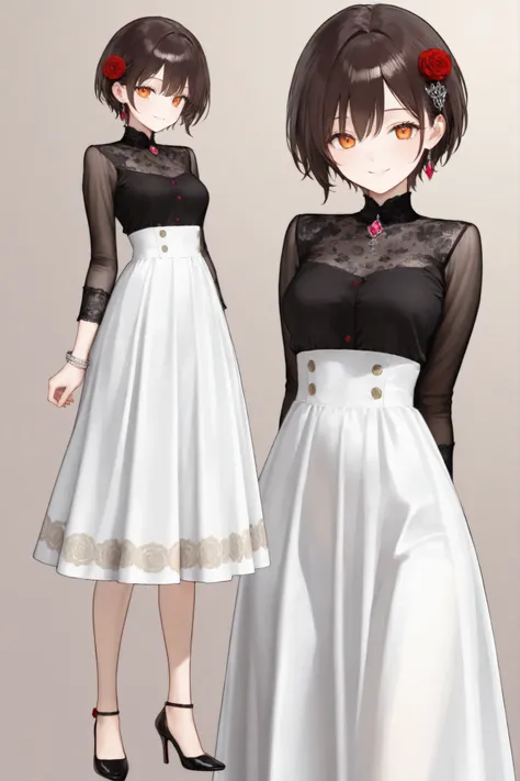 masterpiece, good resolution, good quality, newest. good anatomy. good lighting, safe. beautiful, anime, Japanese girl, delicate features. Dark Brown Hair and Short Hair, Hairstyle. Intense Orange Eyes. smile, piel clara, Medium Breasts Size C, slim build....