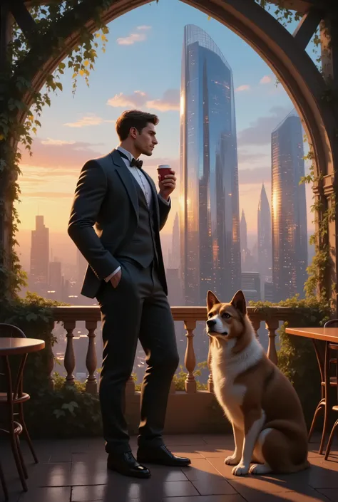 A brutal man, in a tuxedo stands outside a beautiful coffee shop, in a beautiful city, looking at the beautiful glass tower of a multi-storey building, beautiful clouds,  warm light, cinematic style, ultra high resolution, Best quality, high detail, is sit...