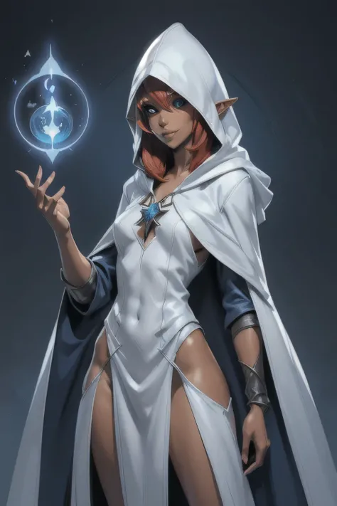 girl elf, wizard, skimpy wizard robes, blue clothes, white clothes, witch wizard cloak, hooded cloak, hood up, red hair, medium hair, dark skin, happy, cowboy shot, sprite 3d, Vector, anime style, asset, manga anime