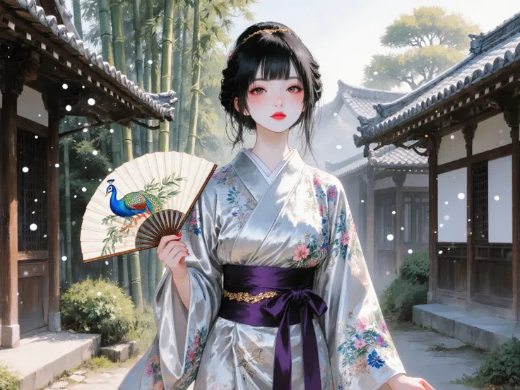 Elegant watercolor and fine line art style, a graceful young woman with black hair styled in a neat updo bun, a few loose strands framing her pale face. She has soft red lips, a delicate mole under one eye, and subtle makeup enhancing her refined beauty. She wears a short silver kimono with a flowing satin sheen, adorned with intricate floral patterns and a striking peacock motif. A deep purple obi cinches her waist, and the wide sleeves drape elegantly as she holds an ornate folding fan. The scene captures her standing alone in the serene setting of a traditional Japanese house with wooden pillars, a bamboo grove, and a quiet garden. Gentle natural light filters through, bathing the space in a peaceful atmosphere. 

Upper body portrait at eye level, her head slightly tilted in a poised gesture. Soft white, blue, and gold particles drift through the air, adding a delicate, dreamlike quality to the image. Ultra-detailed fabric textures, shimmering highlights, and an ethereal ambient glow, rendered in a painterly yet highly refined style.