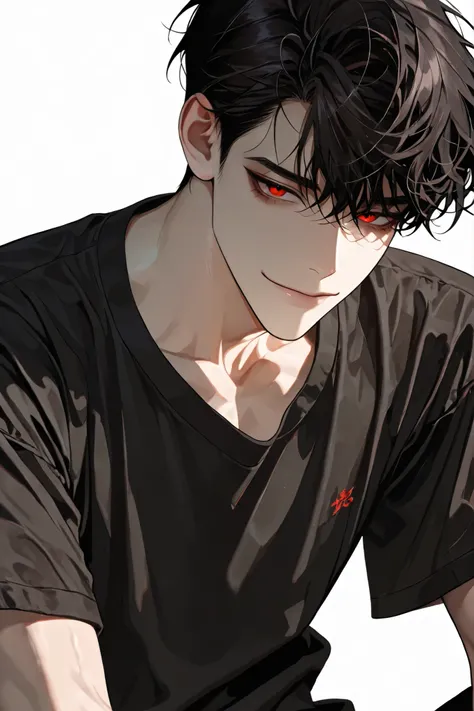 The handsome Korean man with dark hair and red eyes has a slender and soft impression, has a strange smile, wears a loose, comfortable style short-sleeved T-shirt, and is skinny., white background, close-up, Healthy skin tone