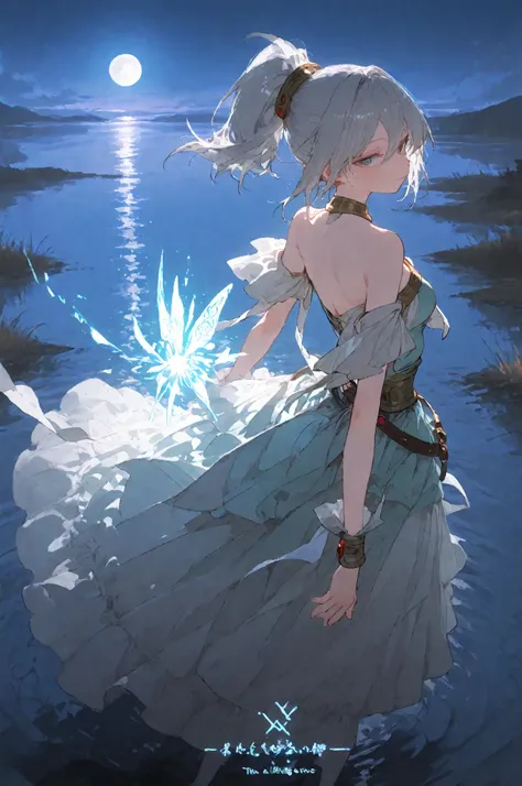 , illuminated by the full moon, , and a magical girl with silver hair, hair gathered in a high ponytail. she is wearing an asymmetrical dress with a fabric belt, swings in the wind , , with magic runes. the camera is taken obliquely from above, she captur...