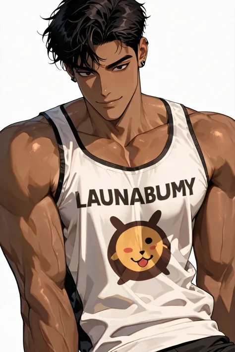 A handsome Korean adult male with dark hair and dark eyes has healthy tanned skin, a confident and proud impression, has a stupid smile, wears comfortable clothes in a sleeveless style with an expensive but awkward print, and is skinny., white background, ...