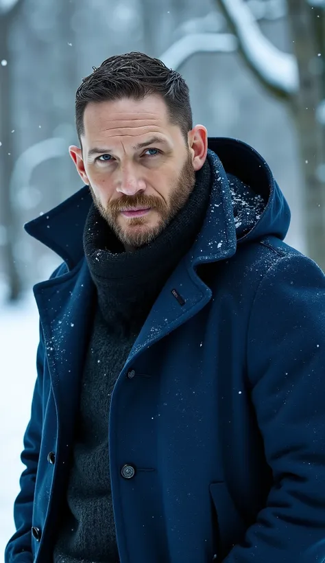 Tom Hardy, waist-up, cinematic 8K, wearing a blue winter jacket with black scarf, cinematic lighting, snowy background with soft focus