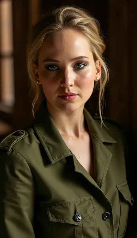 Jennifer Lawrence, waist-up, cinematic 8K, wearing green military jacket, blonde hair tied back, natural makeup, cinematic lighting