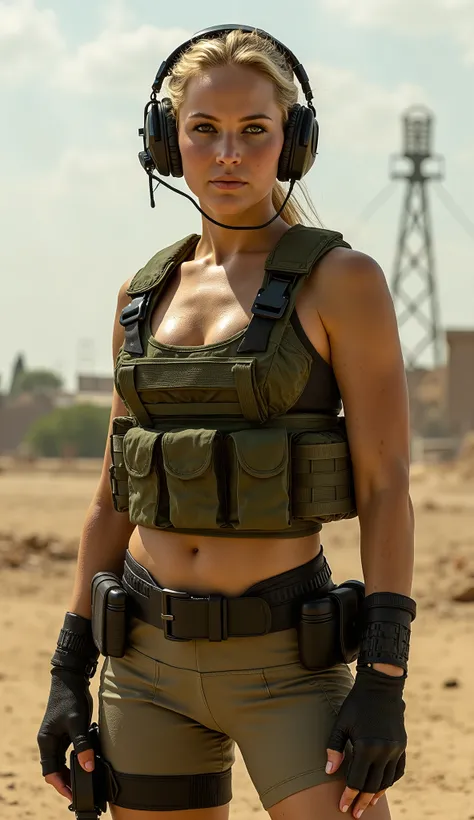 Sonya Blade, waist-up, cinematic 8K, green tactical vest, fingerless gloves, headset, confident battle stance, dusty military base background