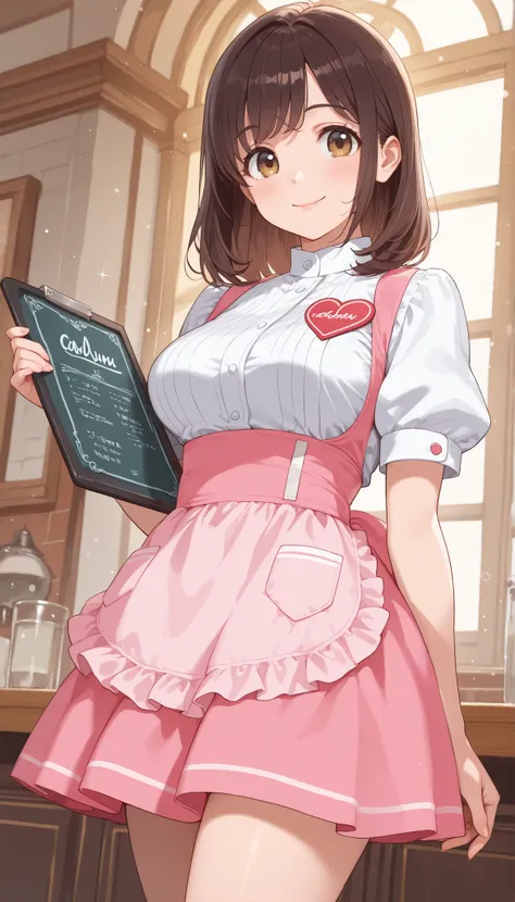 (ultra detailed:0.7), (soft pastel tones, watercolor, bright color, transparent, gradation), backlight, cowboy shot, standing ,from front
(cute girl ), (dark brown hair, medium hair), light brown eyes, tareme, smile, closed mouth, rouge lips,
medium breast...