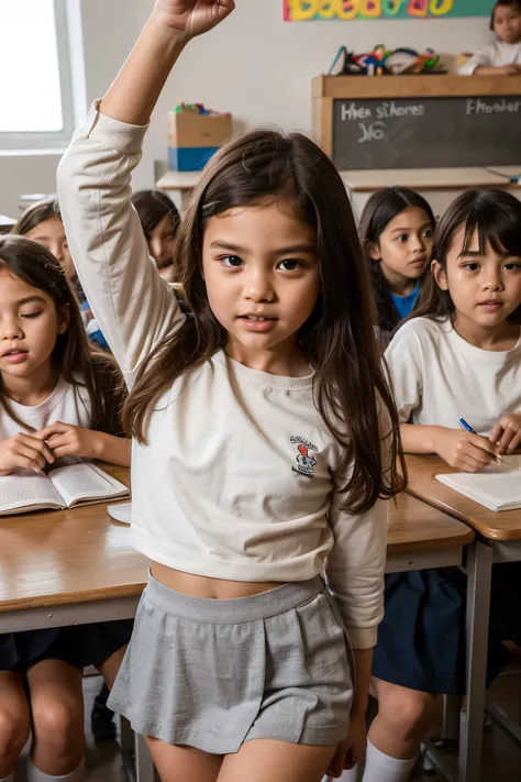 Indonesian elementary school girls are sleeping soundly in the classroom., a lot of people are taking lessons, beautiful girl with slim body, About 10 years old, long-sleeved white shirts and gray skirts worn by Indonesian elementary school students, she ...