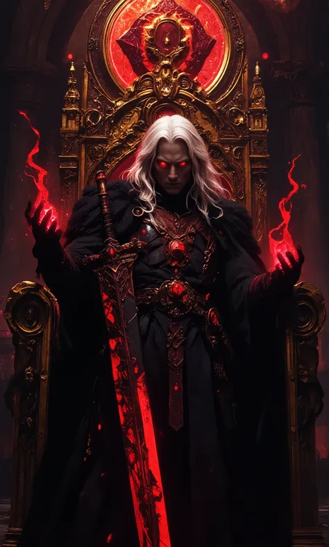  Elric VIII, 428th Emperor of Melniboné, stands tall in ornate bronze scale mail, milk-white hair flowing, deep blood-red eyes burning with intelligence, holding the 5-foot black blade Stormbringer, adorned with glowing red sigils, amidst a crystal palace ...