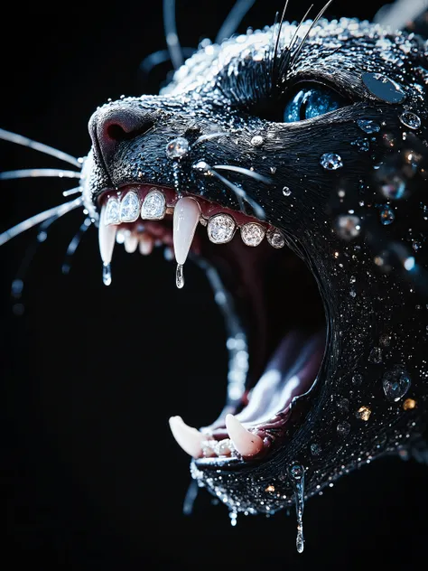 colored sketch in the style of ck-ccd,Extreme close-up of a fierce, sleek feline mid-snarl — its mouth open wide to reveal dazzling diamond grillz embedded in its sharp front teeth. The glittering diamonds catch light with intense brilliance, arranged in a...