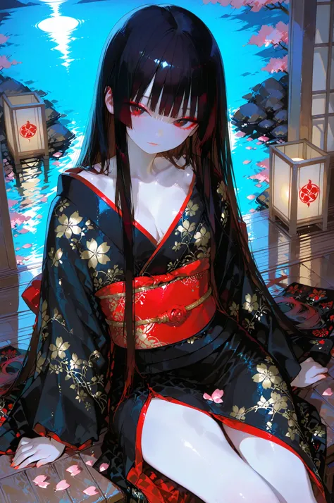 visiosomni,Outstanding Works,Slightly realistic, Excellent quality, Very Beautiful, 超high resolution, high resolution,anime style,,Enma Ai,She wears her signature black kimono with red and white patterns, long straight black hair flowing gently, sitting el...