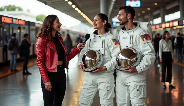 At the bustling São Paulo Tietê Bus Terminal, a tall, curvy 19-year-old Brazilian TV reporter with long wavy brown hair, wearing a bold red leather jacket over a cropped black top, tight black pants, and ankle boots with heels, holds a microphone confident...