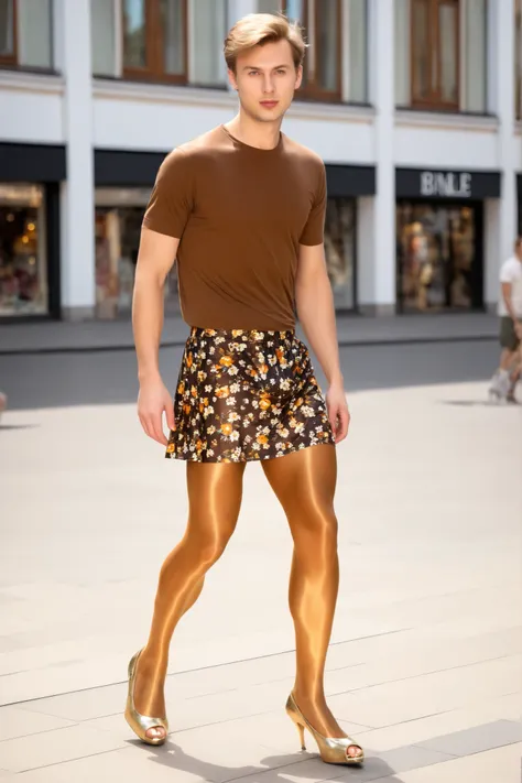 a young Caucasian male guy with a male face, wears a floral mini skirt, beiges t-Shirt, medium brown amber shiny 40den pantyhose, Gold-tone open high hels pumps, the male face guy runs in his pantyhose in a shopping mile in sunshine.
