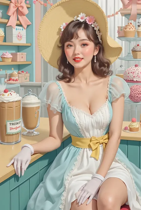 digital art .A pretty, silly blonde in the Lolita pin-up style, dressed in a Tiffany-colored tulle and satin dress with white and light lemon details, transparent platform shoes decorated with sweets, bows, white gloves and a straw hat decorated with flowe...