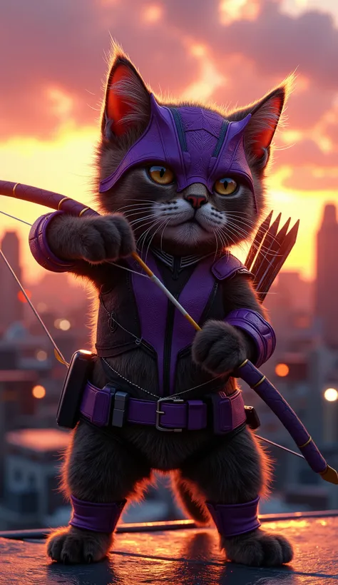 A heroic cat dressed in Hawkeye’s iconic purple and black suit, holding a detailed bow with an arrow drawn and ready to shoot, standing in a dramatic superhero pose on a rooftop at sunset, wind blowing through its fur, with a cinematic city skyline in the ...