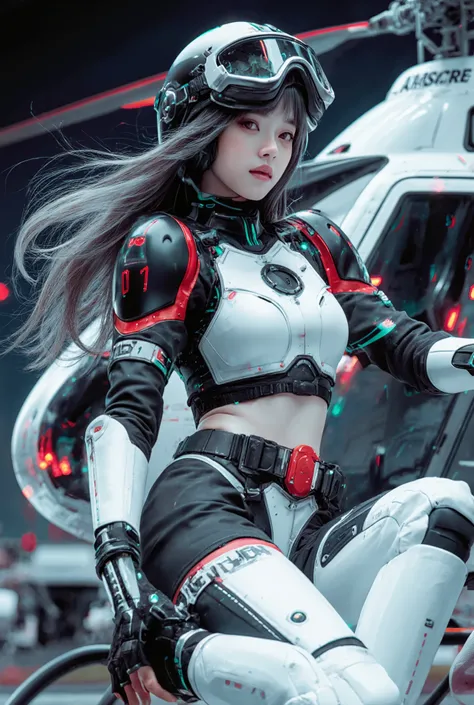 hallucinogenic efect white ,oren,black,red, landasan helikopter militer co pilot, a girl in Mecha costume , cybord , beautiful long hair losse advance digital, she is doing various professional skateboarding poses, looking at viewer,