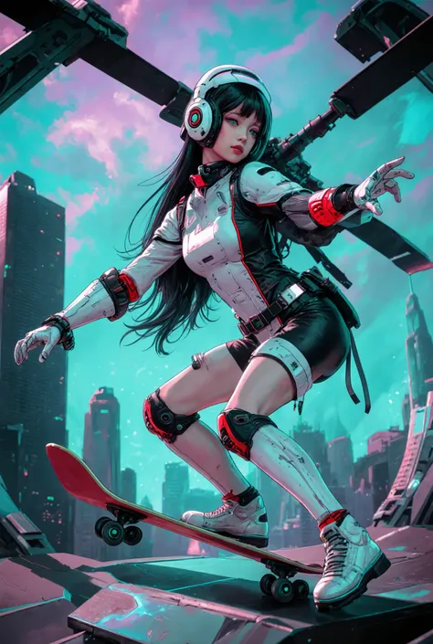hallucinogenic efect white ,oren,black,red, landasan helikopter militer co pilot, a girl in Mecha costume , cybord , beautiful long hair losse advance digital, she is doing various professional skateboarding poses, looking at viewer,