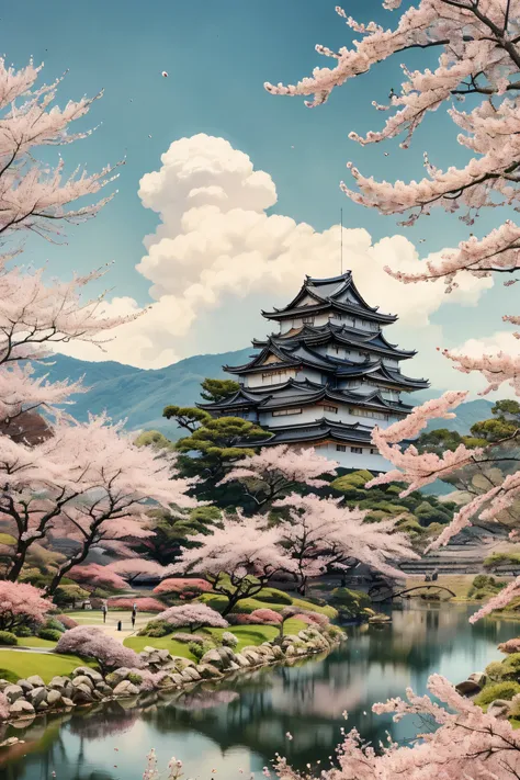 Himeji Castle, Famous Japanese landmarks, The background of this beautiful scene. The elegant white facade of the castle、vivid, Clear blue sky with white clouds. In the foreground, An ancient red bridge over a gentle river, そのvivid色は、It enhances. Flower Ma...