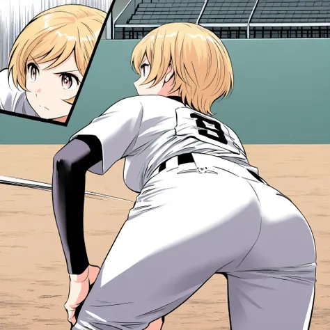 score_9, score_8_up, score_7_up , comic style,(major 2nd style:1.2),BREAK,1koma,1girl, michiru, solo, blonde hair, short hair, medium breast,medium hip,BREAK,baseball uniform,holding baseball grove,BREAK,standing,leaning forward,hands on knees,open legs,BR...