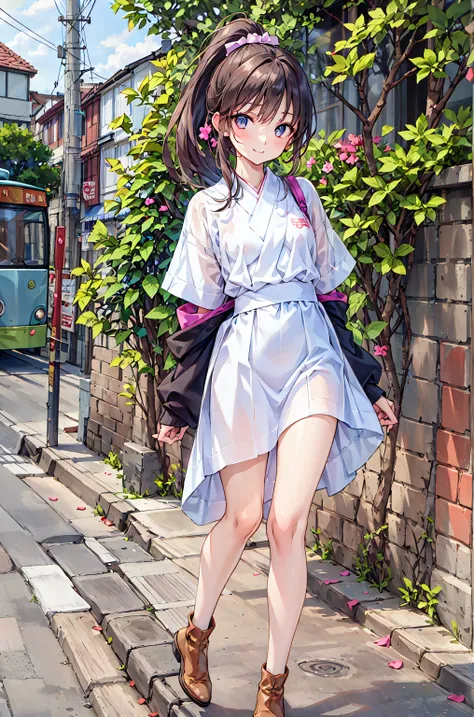 (masterpiece), Highest Quality, expressive eyes, perfect face, 1 girl, solo, girl with high ponytail tied with ribbon, girl in a ponytail wearing a hakama and short boots, Wide range, busy street with an Old Street Tram running in the Taisho era of Japan. ...