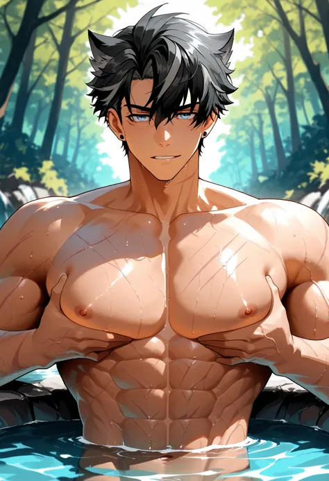 (human) a men Wriothesley, taking a bath in a river in a forest, grabbing his chest, squeezing your own chest, sitting with only the upper part of the body exposed, lower part of the body visible underwater, squeezing your own chest, neaked, waterfalls, sh...