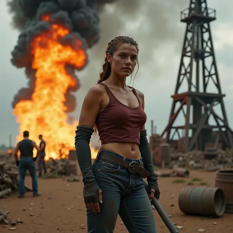  Cinematic ultra-realistic early 20th-century oil drilling scene featuring a powerful, athletic young woman with light brown skin, long blonde-brown braided hair, and a determined, weathered expression from intense physical labor. She wears a fitted crimso...